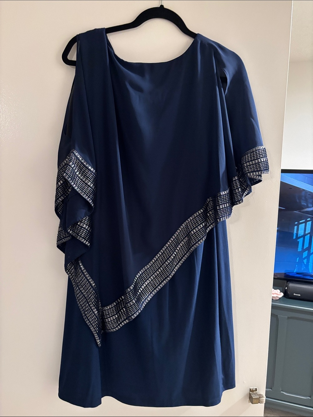 Women's Navy Blue Draped Dress with Embellished Trim - Picture 2 of 3